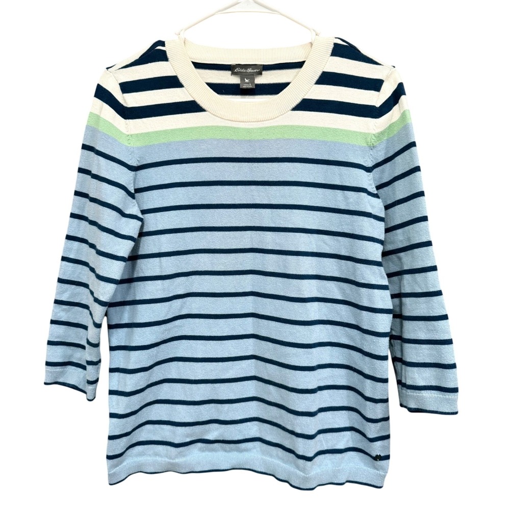 Eddie Bauer Striped Crew Neck Sweater Cotton‎ Blend 3/4 Sleeve Top Large